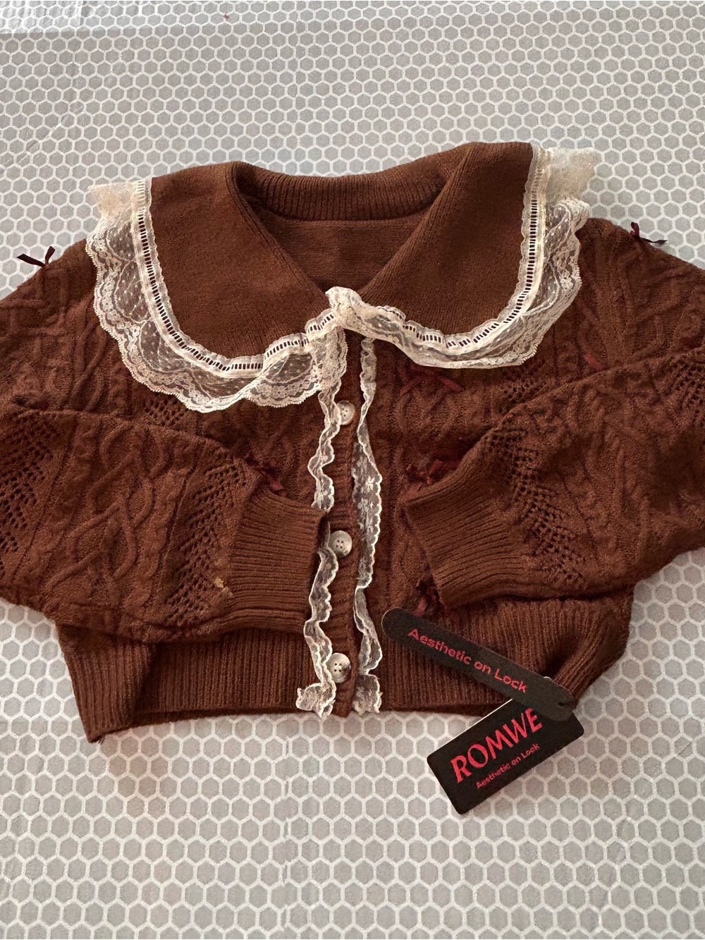 NWT ROMWE Brown Sweater Cardigan with Cream Lace Collar Cropped   Size M